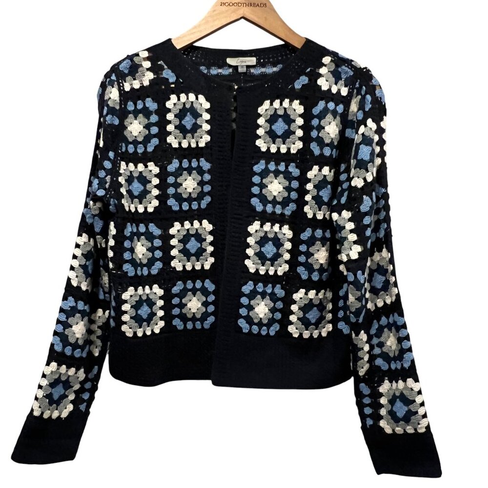 Capri Crochet Squares Open Cardigan, Navy, M